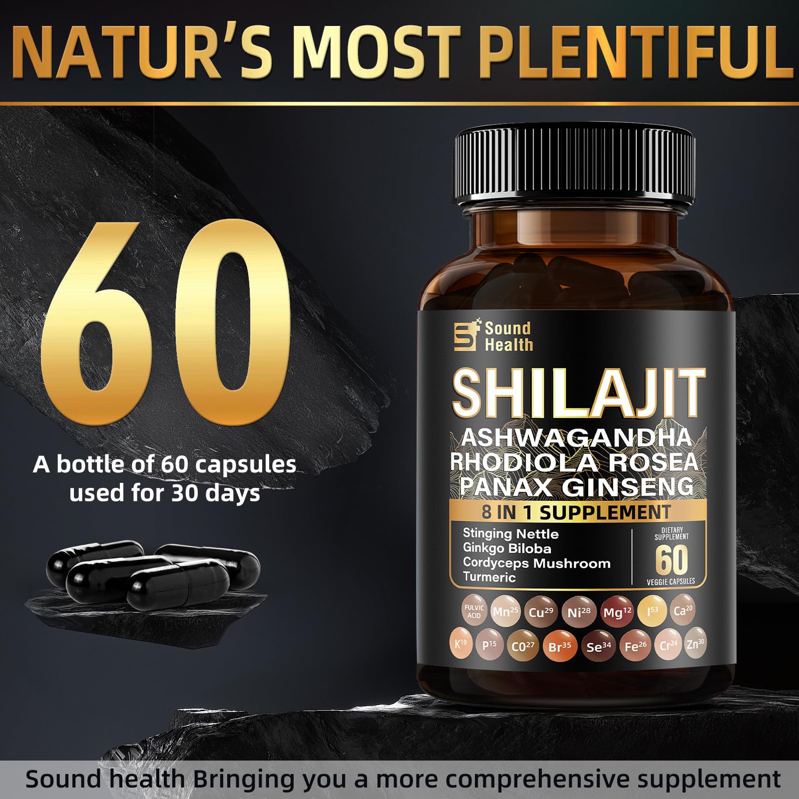SoundHealth daily-use instructions illustrate taking capsules with meals for consistency.