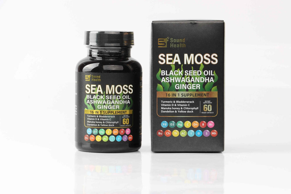 SoundHealth infographic highlighting 16-in-1 herbal blend advantages.