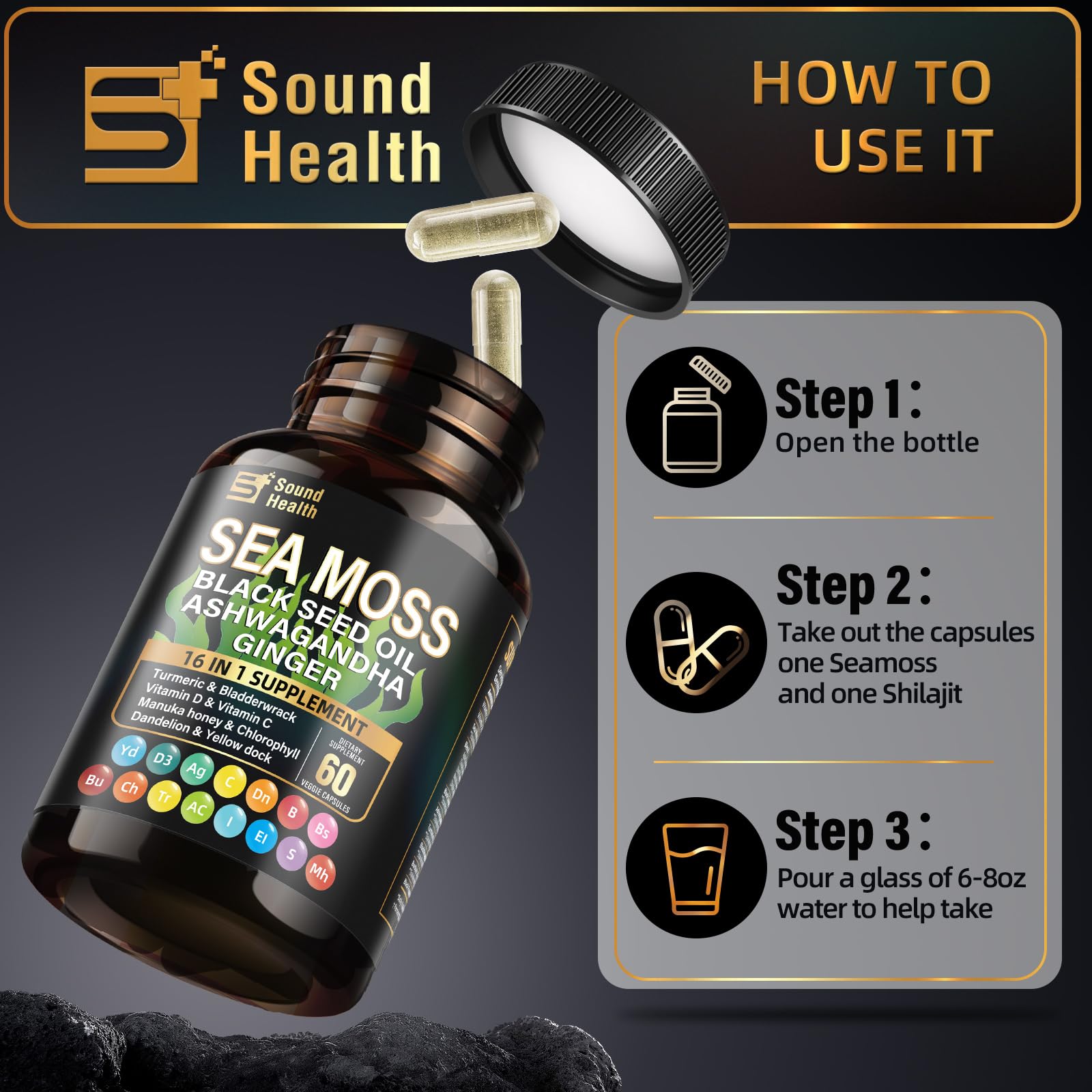 SoundHealth packaging showcases premium ingredients and vegan capsules.
