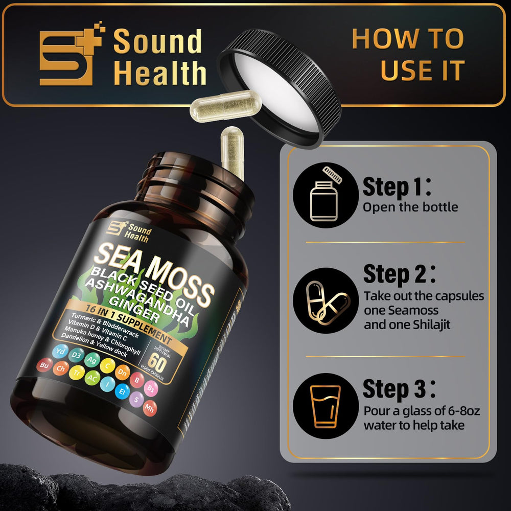 SoundHealth packaging showcases premium ingredients and vegan capsules.