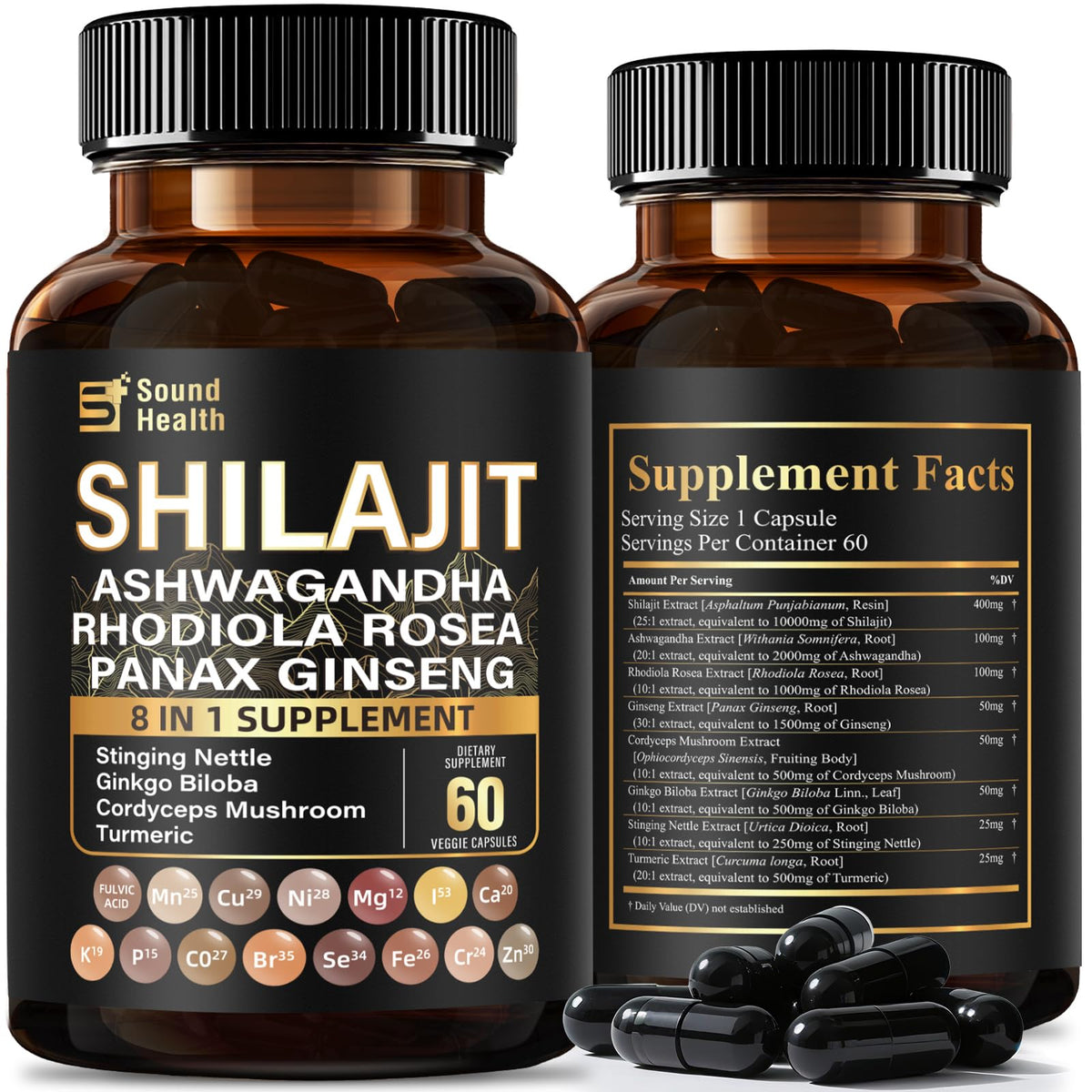 SoundHealth Pure Shilajit Capsules bottle for convenient daily supplementation and on-the-go support.