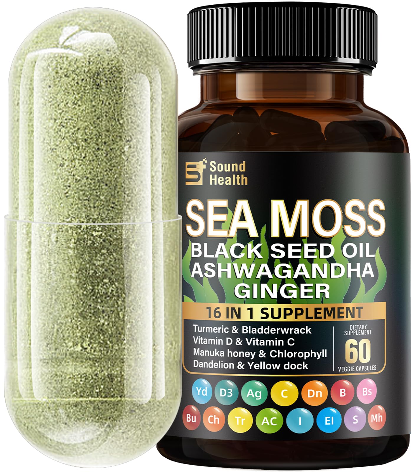 SoundHealth Sea Moss Capsules bottle and label highlighting 1200mg herbal blend for daily energy.