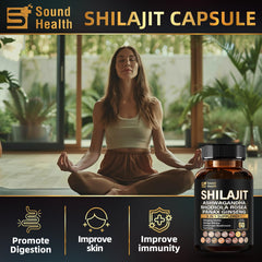 SoundHealth shilajit capsules packaging highlights a potent 25:1 extract for lasting energy.