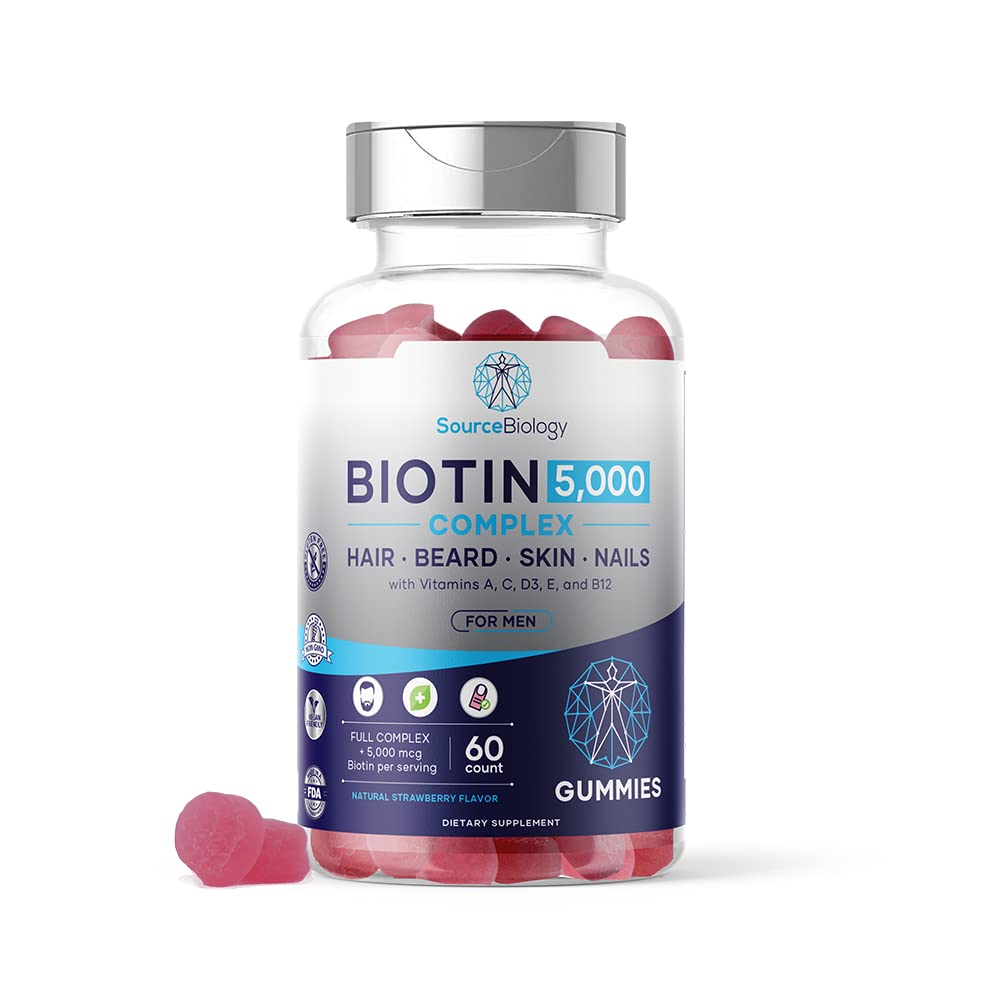 Source Biology Biotin 5000mcg Complex bottle; supports hair and nail health.