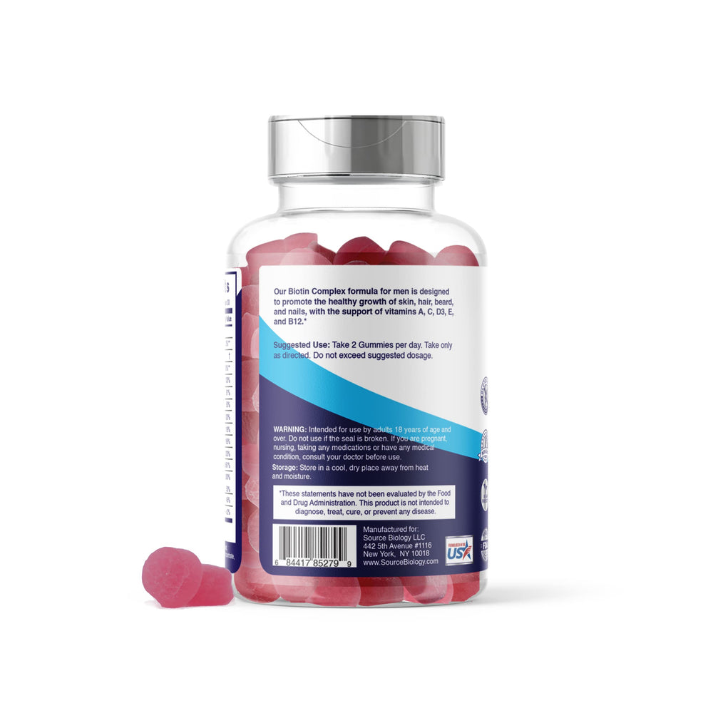 Source Biology Biotin 5000mcg Complex gummies close-up; convenient vegan beauty support.