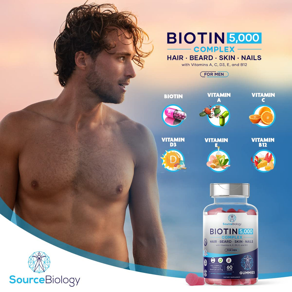 Source Biology Biotin 5000mcg Complex ingredients icons; suggests broad nutrient support.