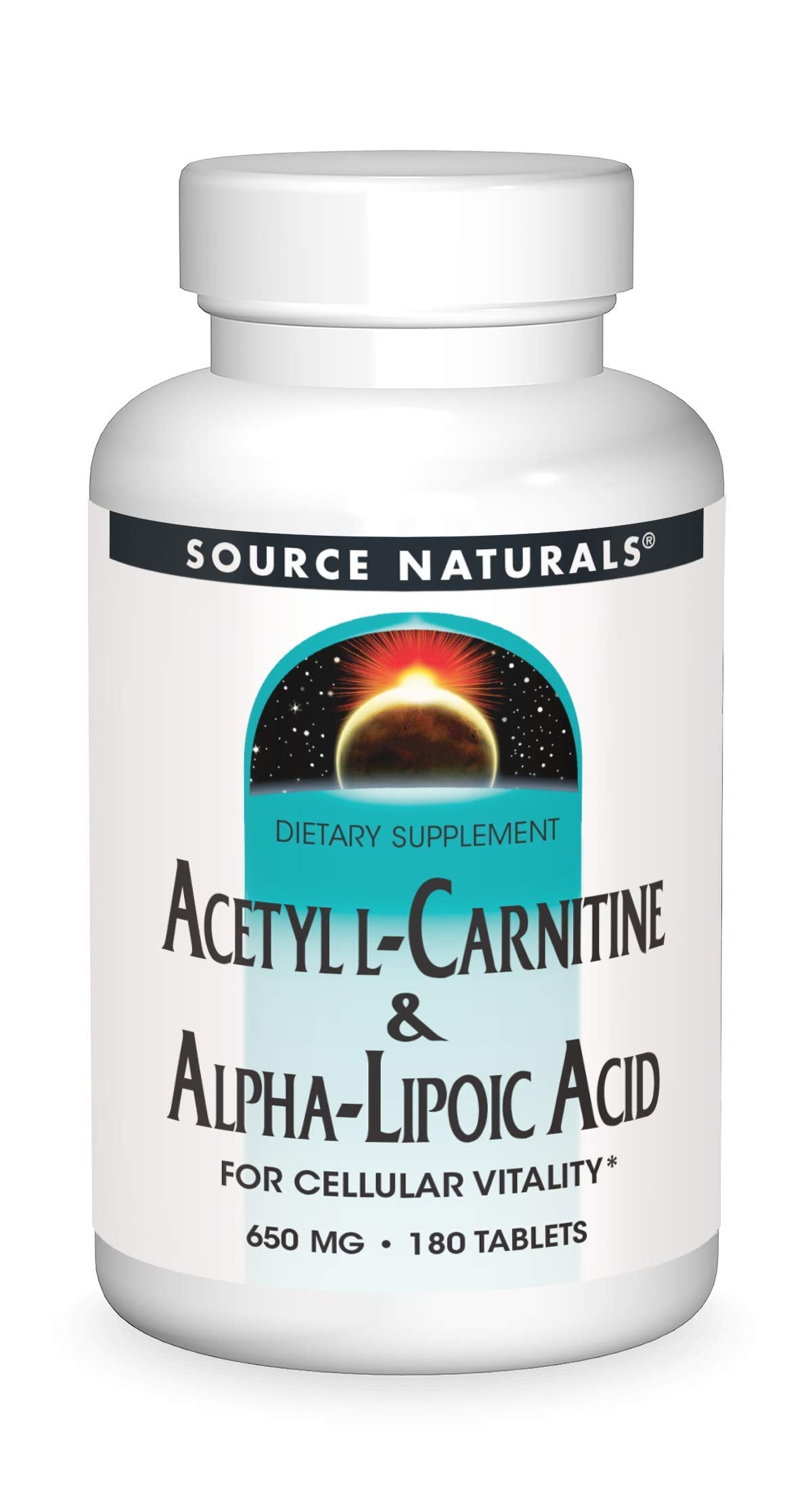 Source Naturals Acetyl L-Carnitine & Alpha-Lipoic Acid 650mg bottle for daily metabolic support.