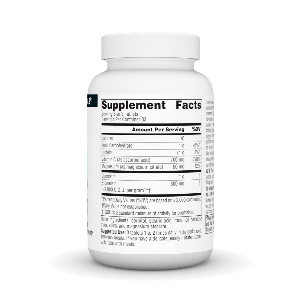Bottle label closeup shows quercetin, bromelain, and vitamin C for immune support