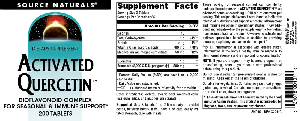 Source Naturals Activated Quercetin veggie tablets on tray demonstrating a plant-based formula