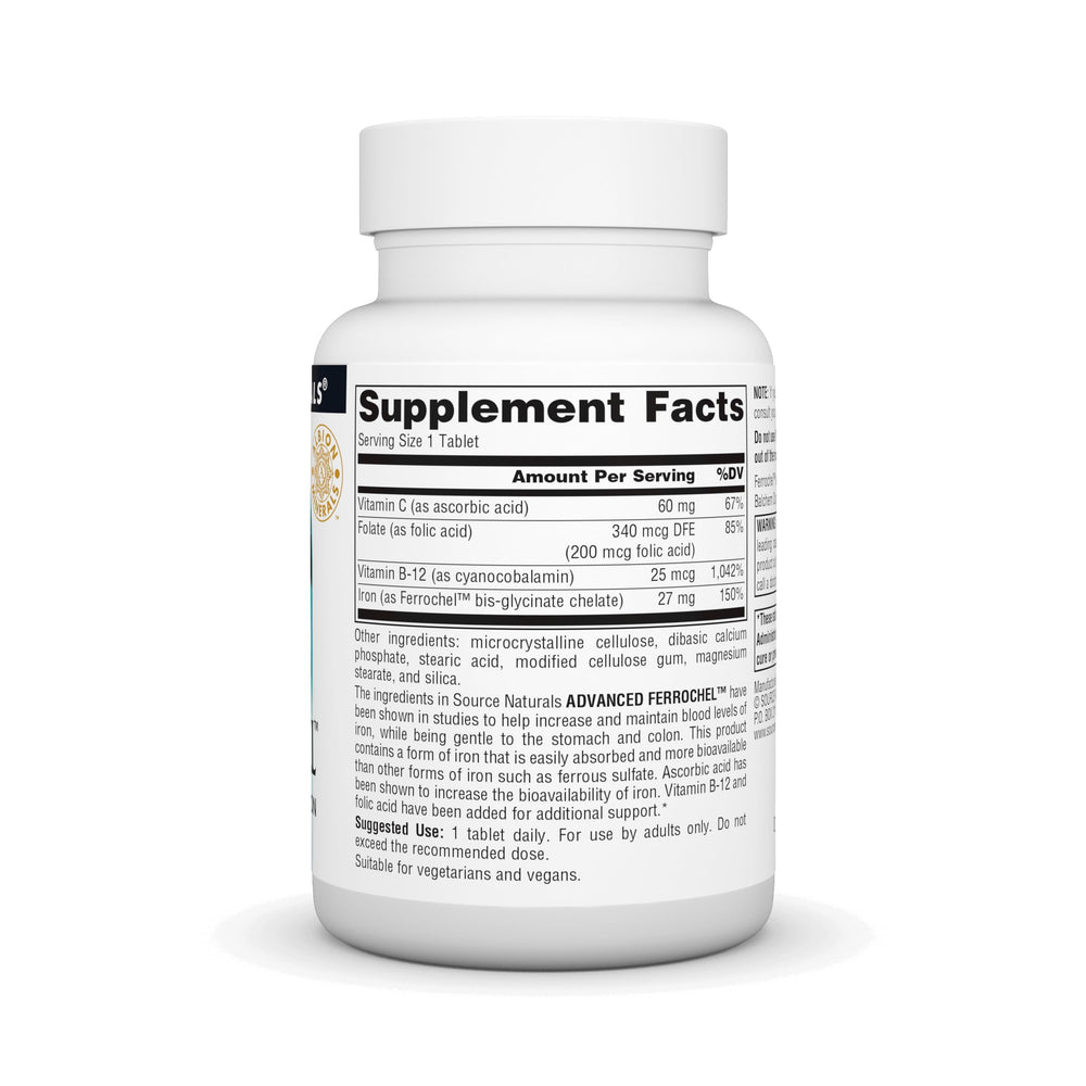 Source Naturals Advanced Ferrochel bottle shown for easy daily iron support.