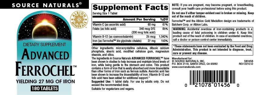 Source Naturals Advanced Ferrochel vegan formula for plant-based diets.