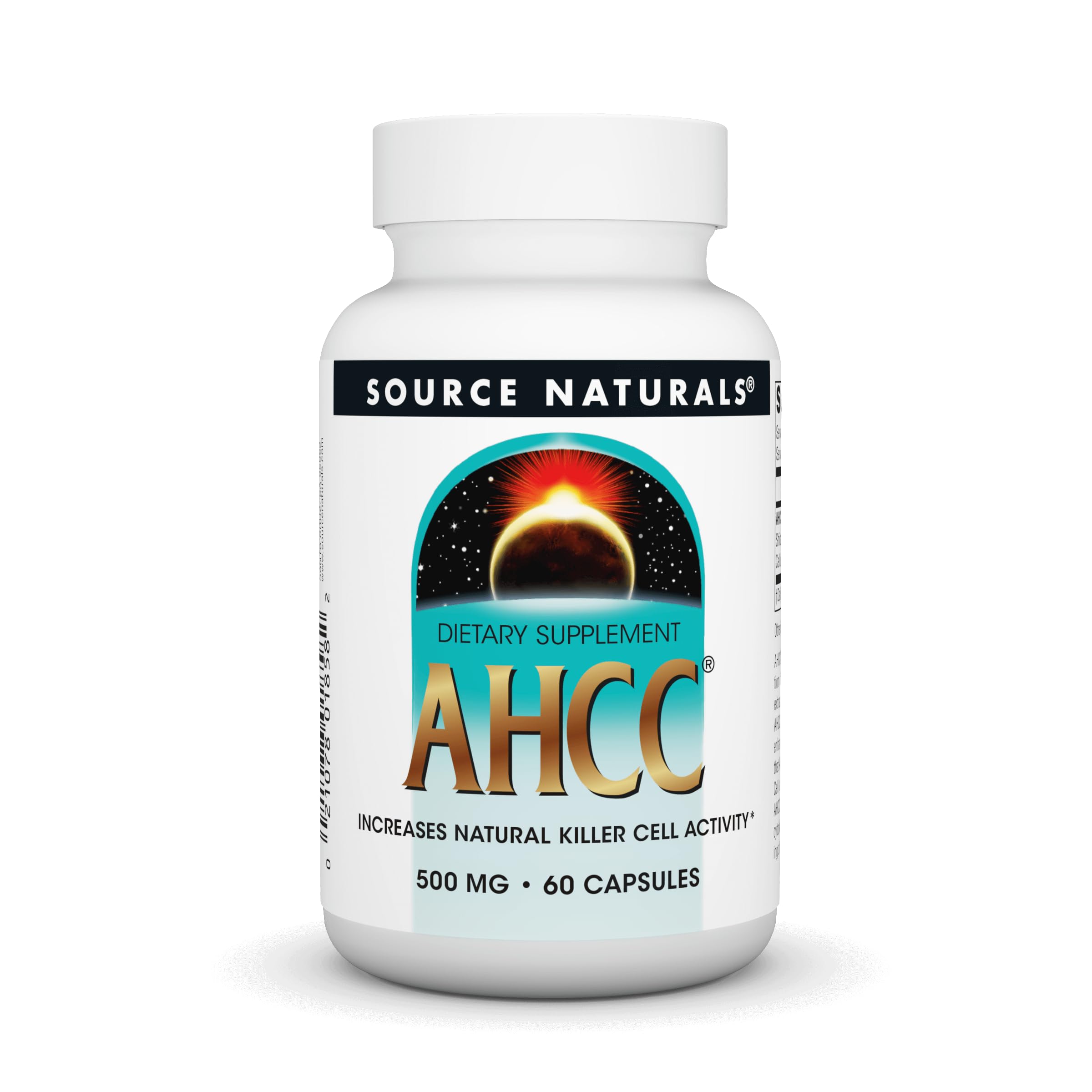 Source Naturals AHCC bottle front promotes daily wellness.