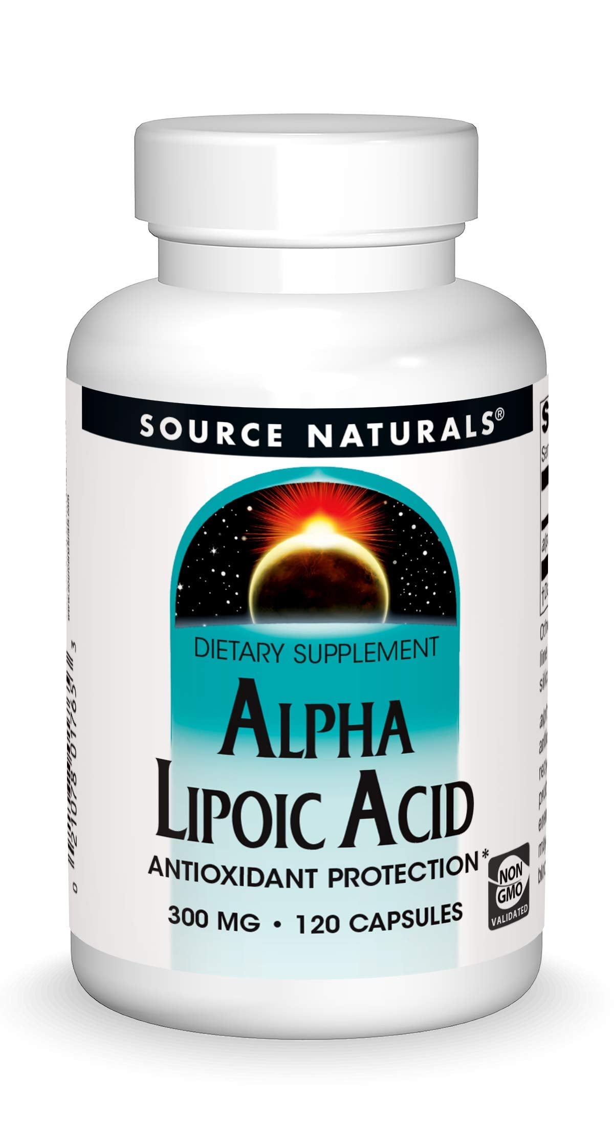 Source Naturals Alpha Lipoic Acid 300 mg bottle on desk, supports energy generation and metabolic balance.