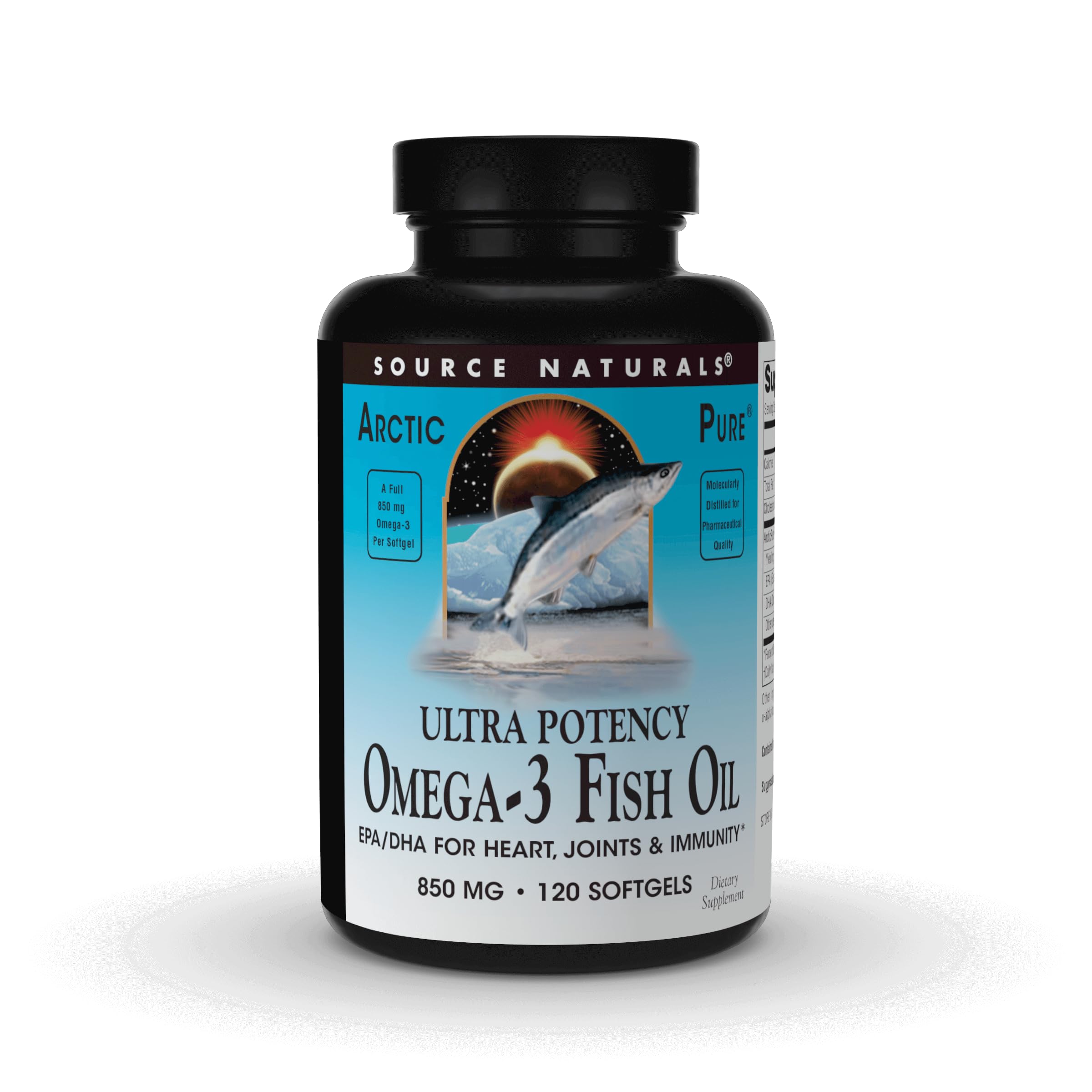 Source Naturals ArcticPure bottle with 850 mg omega-3 softgels for daily intake.