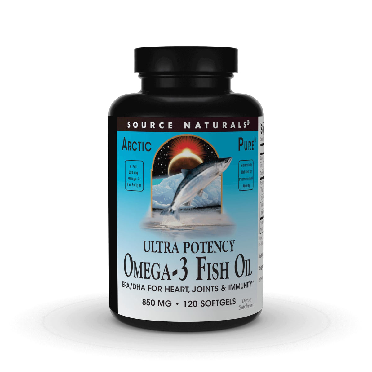 Source Naturals ArcticPure bottle with 850 mg omega-3 softgels for daily intake.