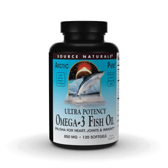 Source Naturals ArcticPure bottle with 850 mg omega-3 softgels for daily intake.