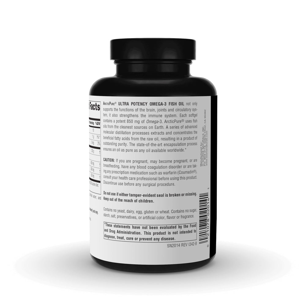 Source Naturals ArcticPure omega-3 bottle on kitchen counter for daily use.