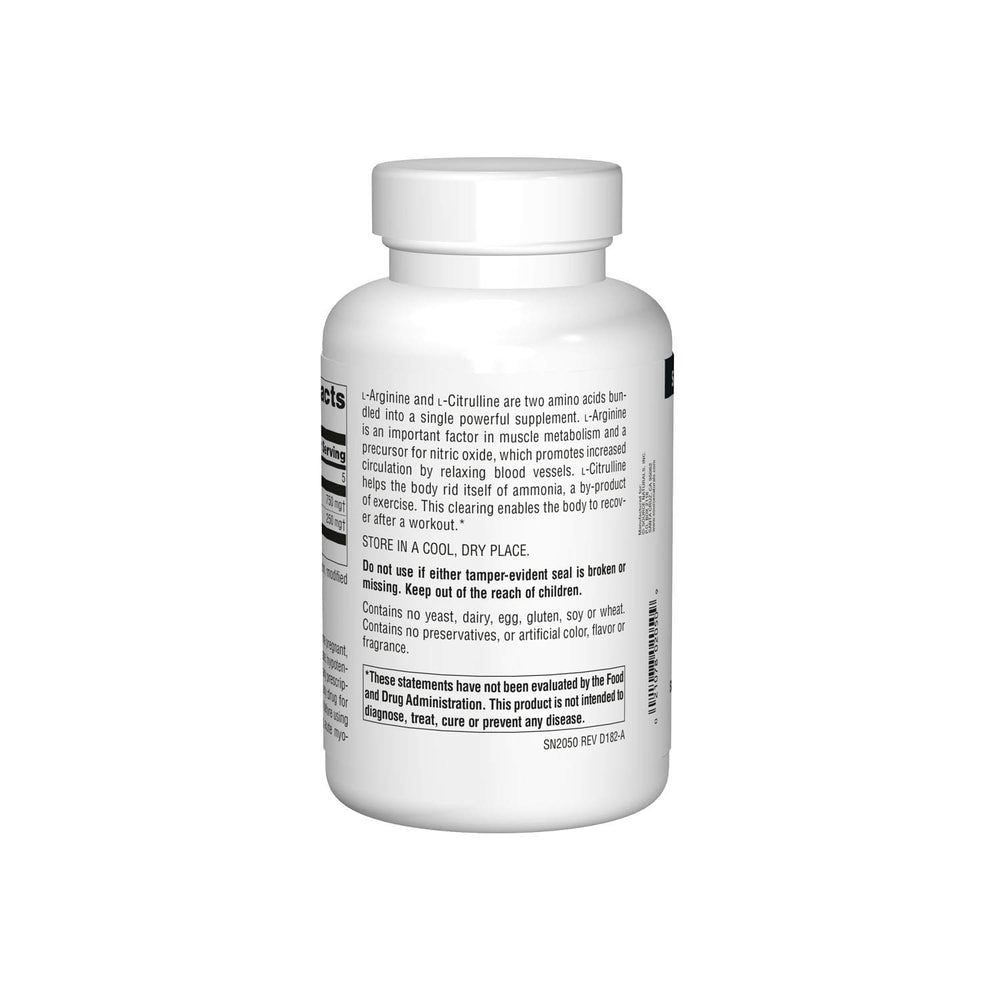 Source Naturals L-Arginine L-Citrulline Complex tablets close-up; easy daily dosing.