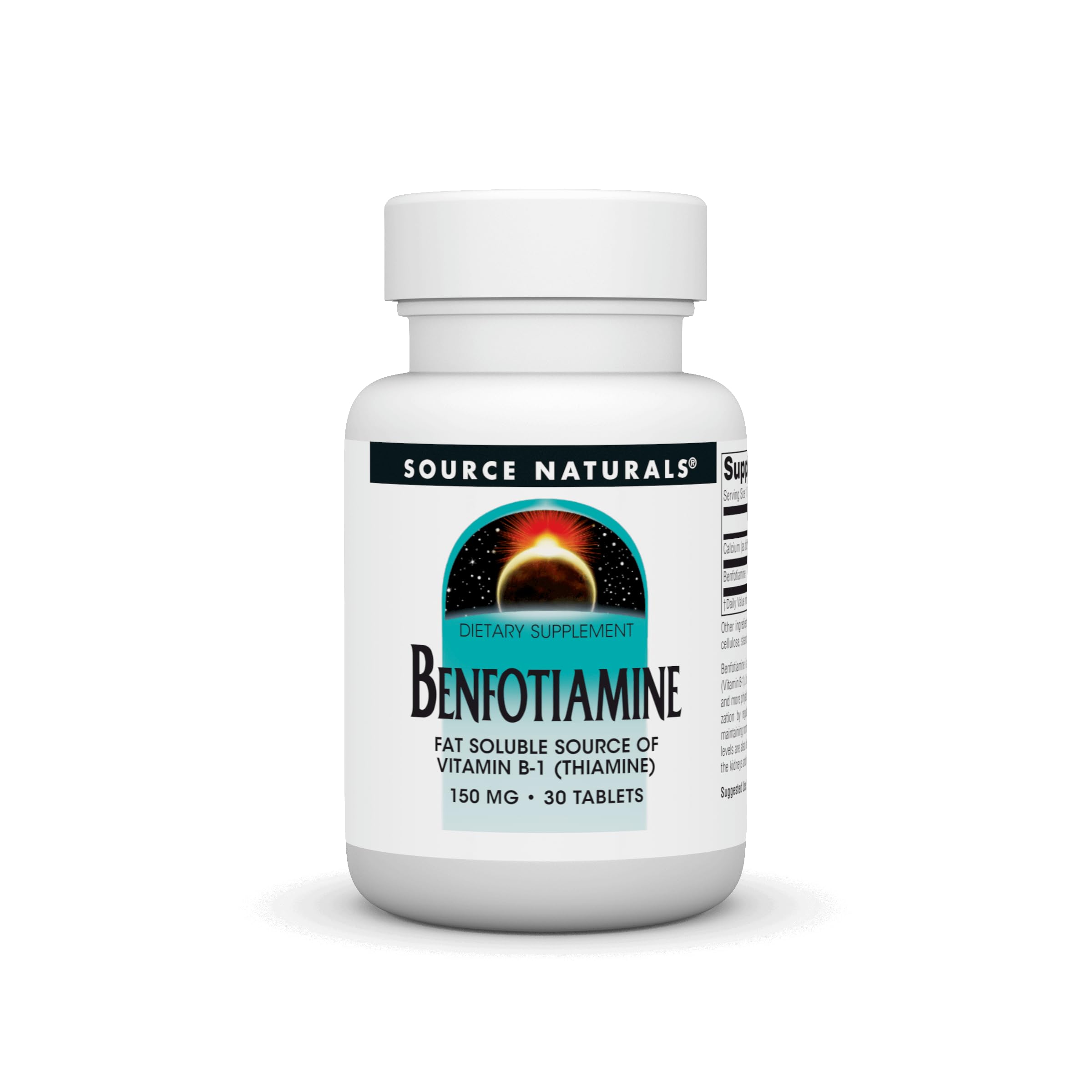 Source Naturals Benfotiamine bottle front displaying fat-soluble vitamin B-1.