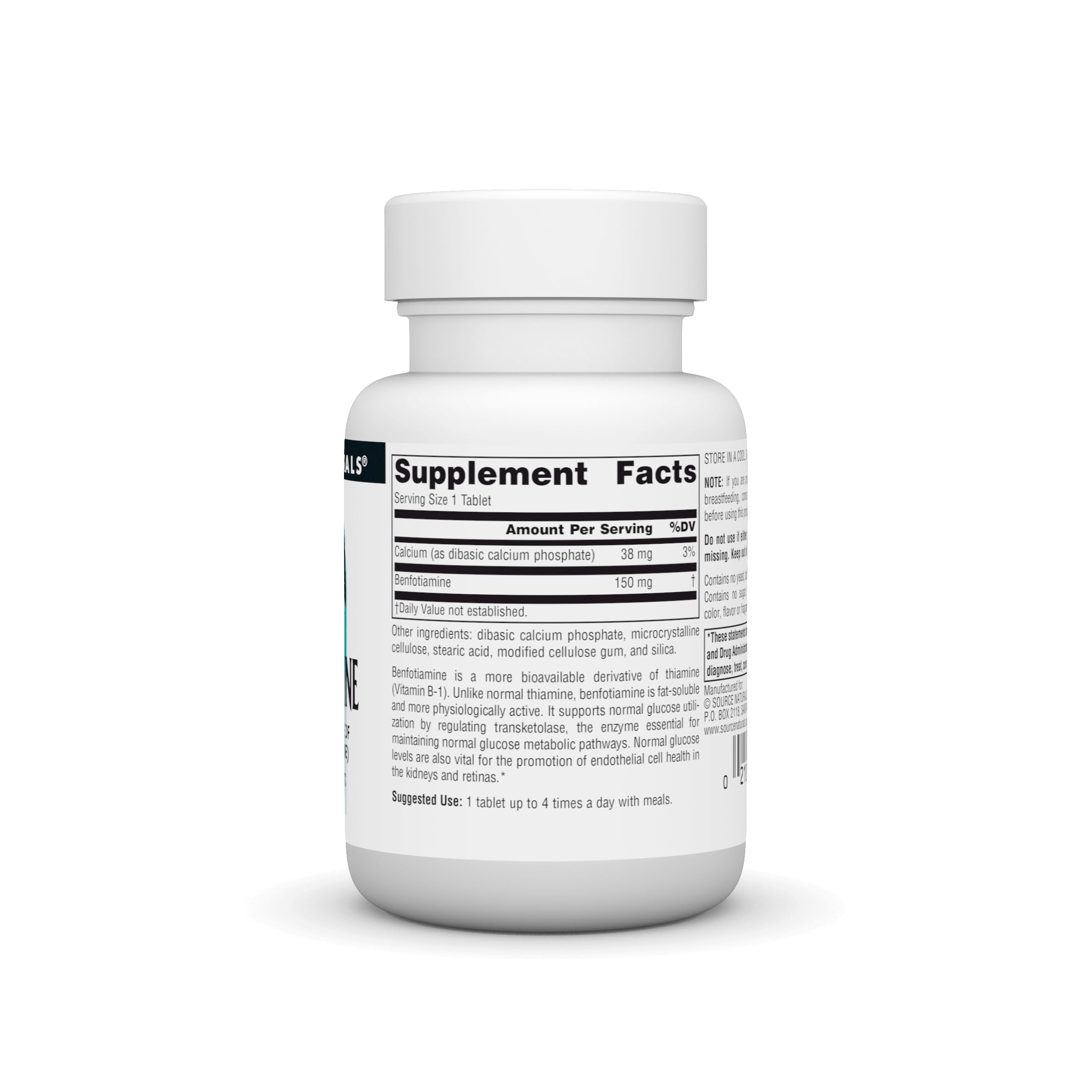 Supplement facts panel on benfotiamine packaging.