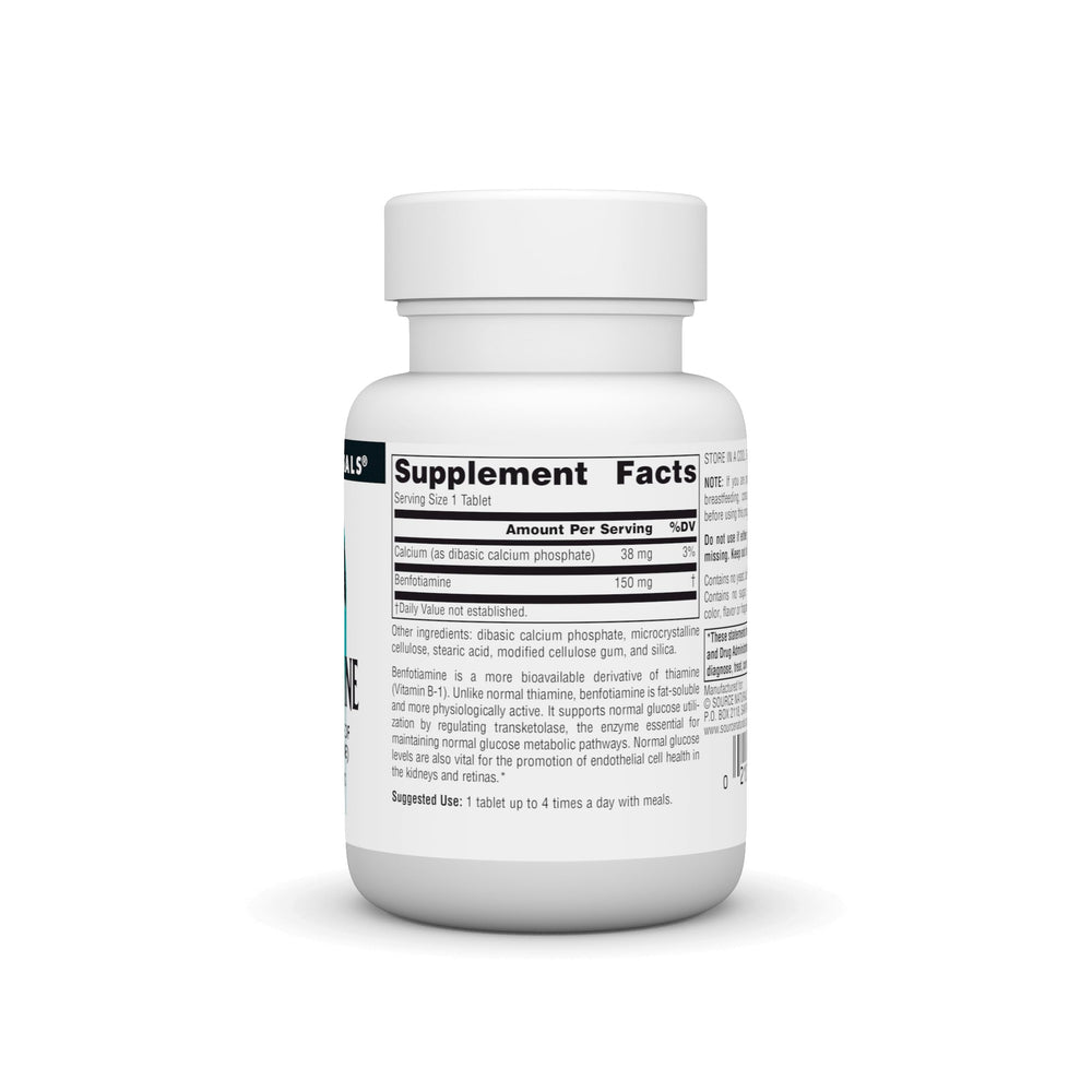 Supplement facts panel on benfotiamine packaging.