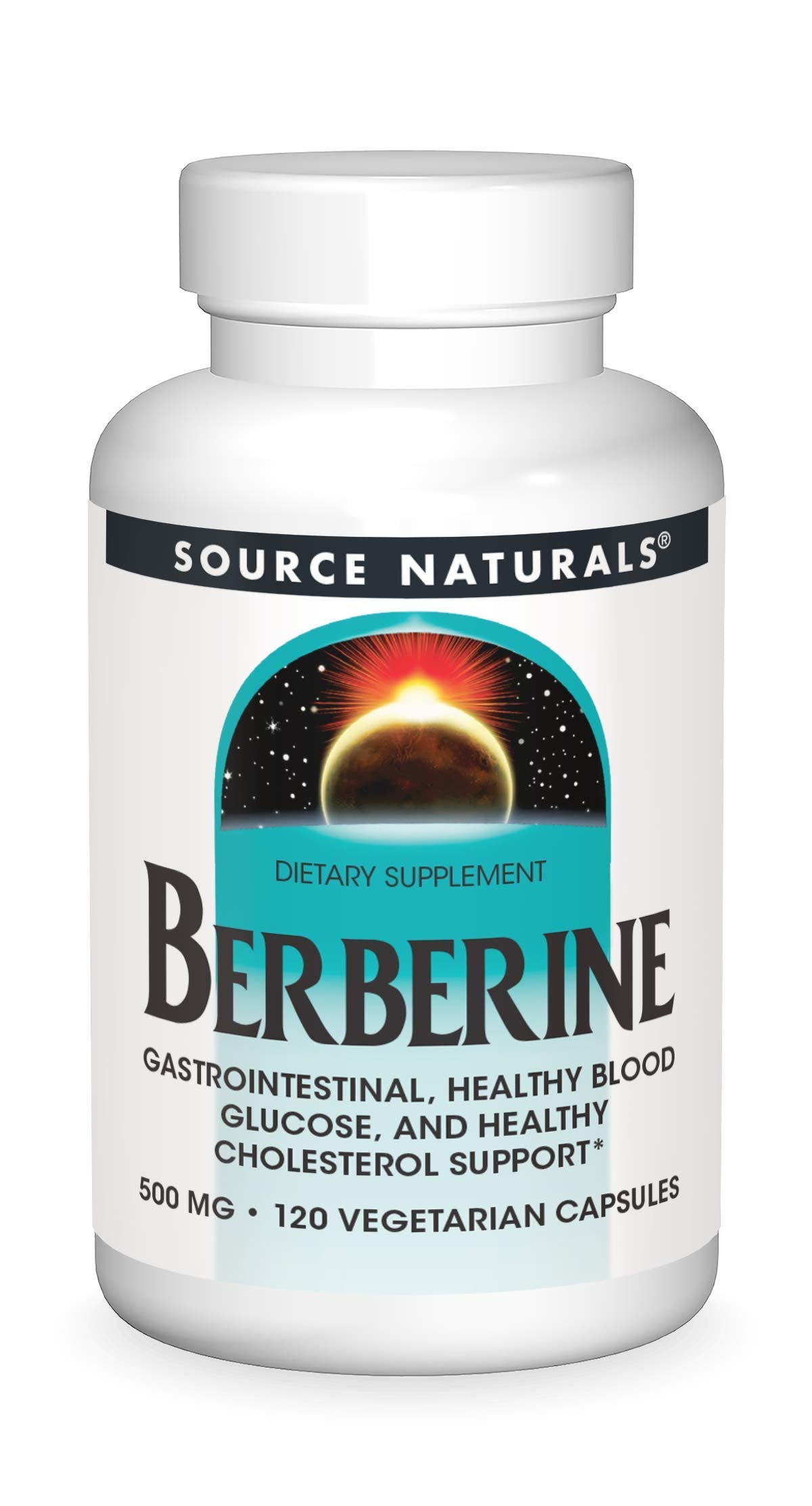 Source Naturals Berberine bottle shows 500 mg dosage for gastrointestinal support.