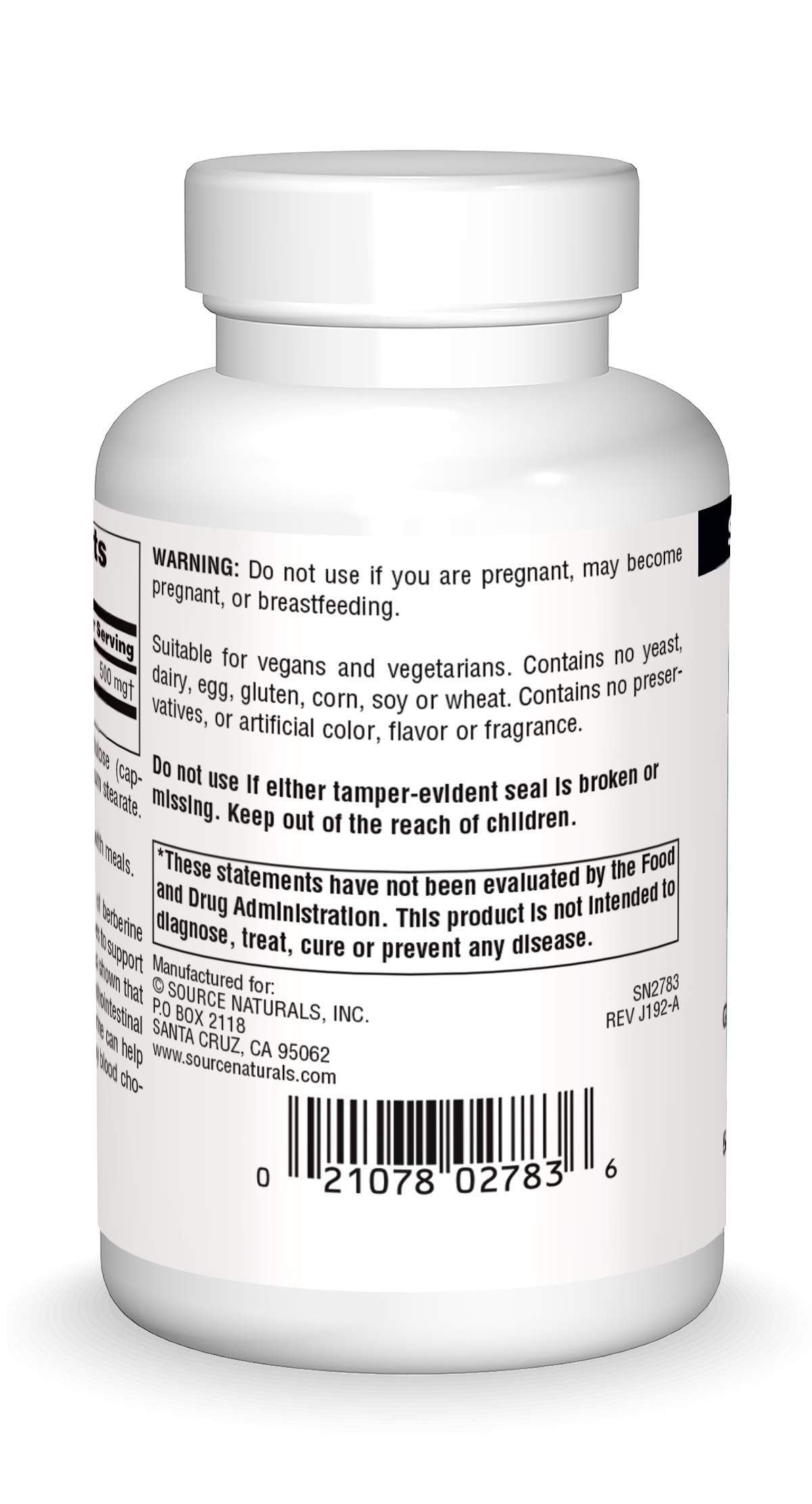 Source Naturals Berberine capsules closeup highlighting vegan capsules suited for vegetarians
