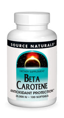 Source Naturals Beta Carotene 25,000 IU bottle with softgels for daily antioxidant support.