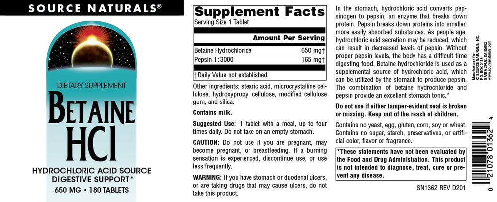 Source Naturals Betaine HCl dosing with a meal demonstrates proper use.