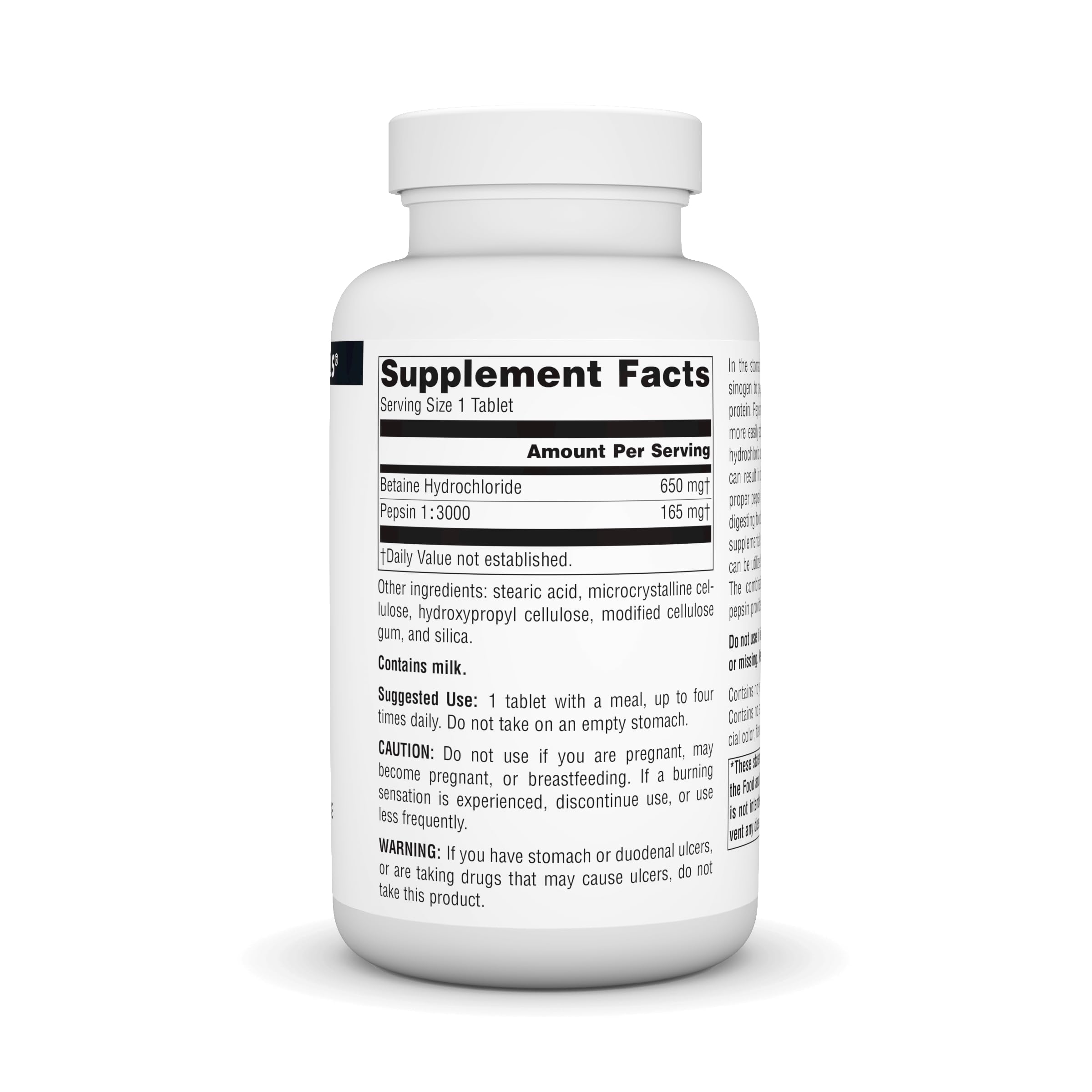 Source Naturals Betaine HCl label close-up highlighting 650 mg potency.