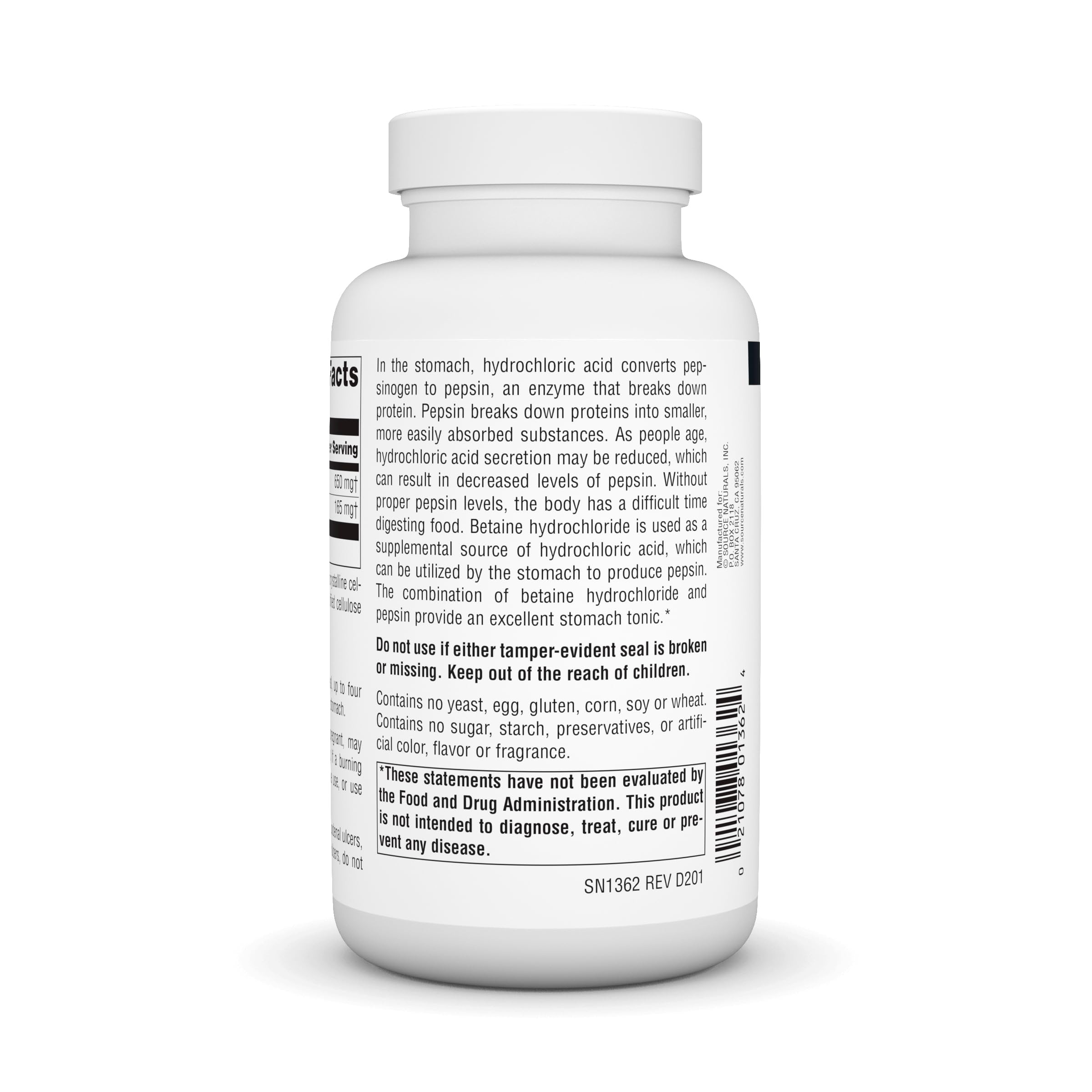 Source Naturals Betaine HCl tablets as seen in the bottle for daily dosing.