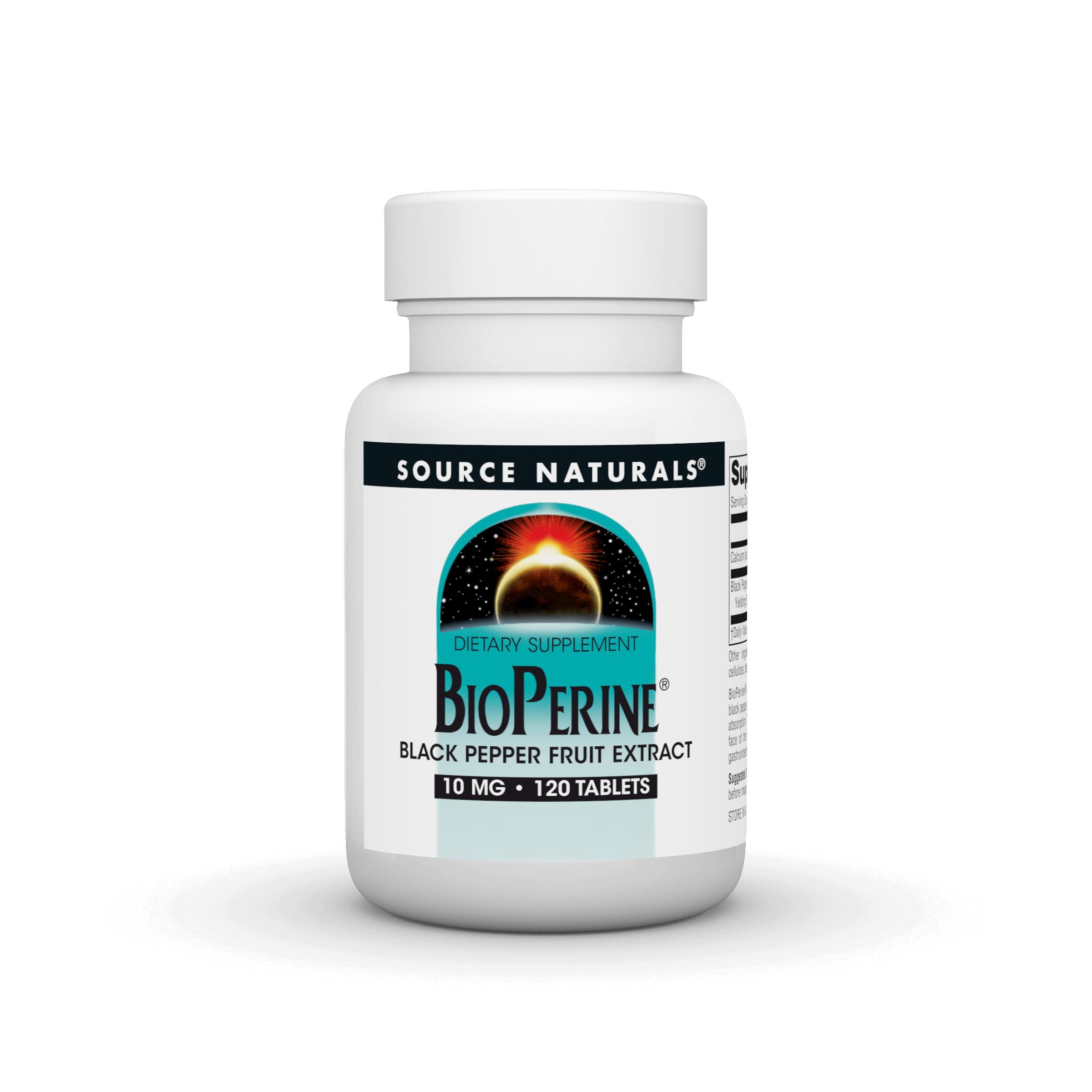 BioPerine de Source Naturals en bote muestra tableta de 10 mg para absorción de nutrientes.