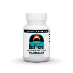 BioPerine de Source Naturals en bote muestra tableta de 10 mg para absorción de nutrientes.