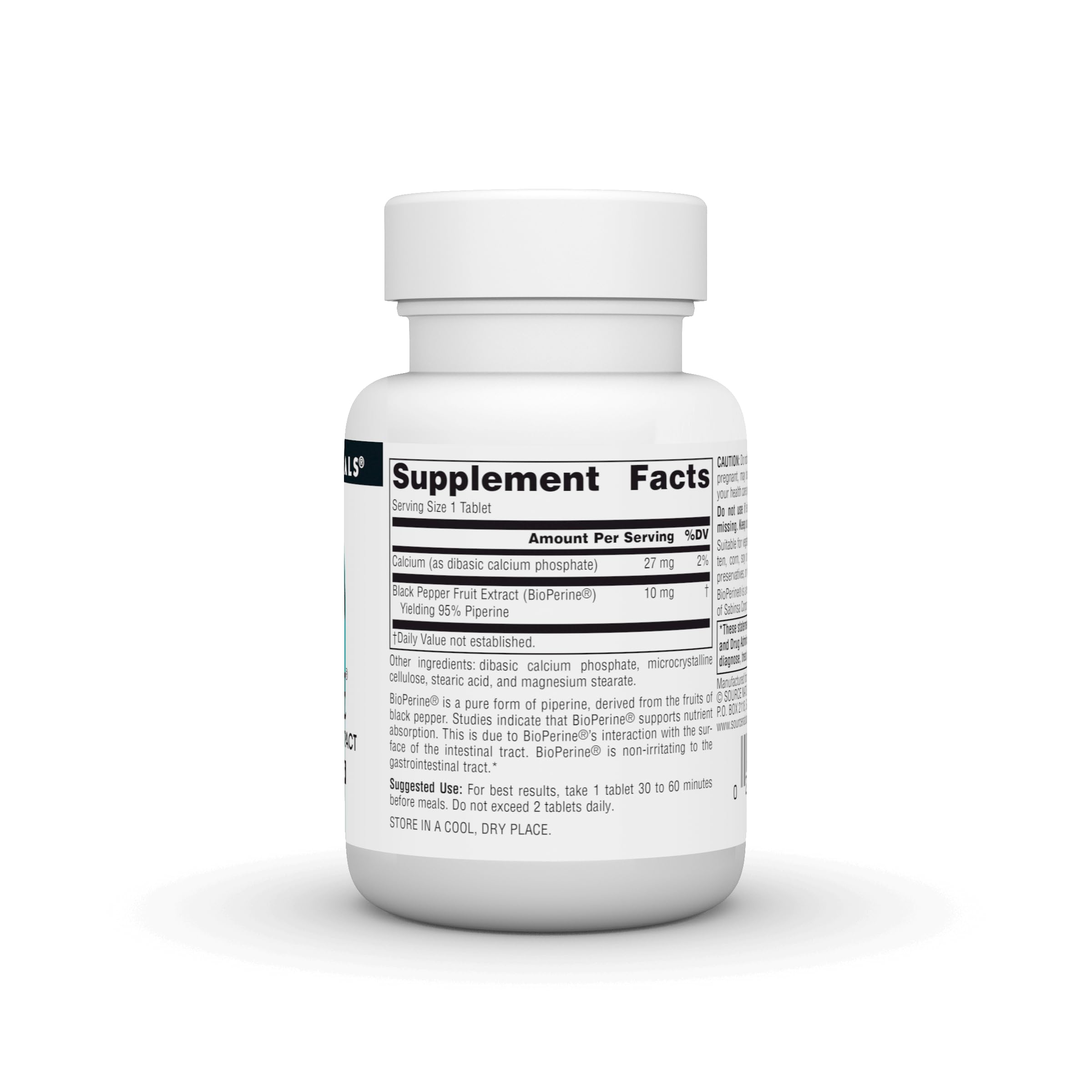 BioPerine de Source Naturals, pimienta negra en primer plano, potencial para absorción.