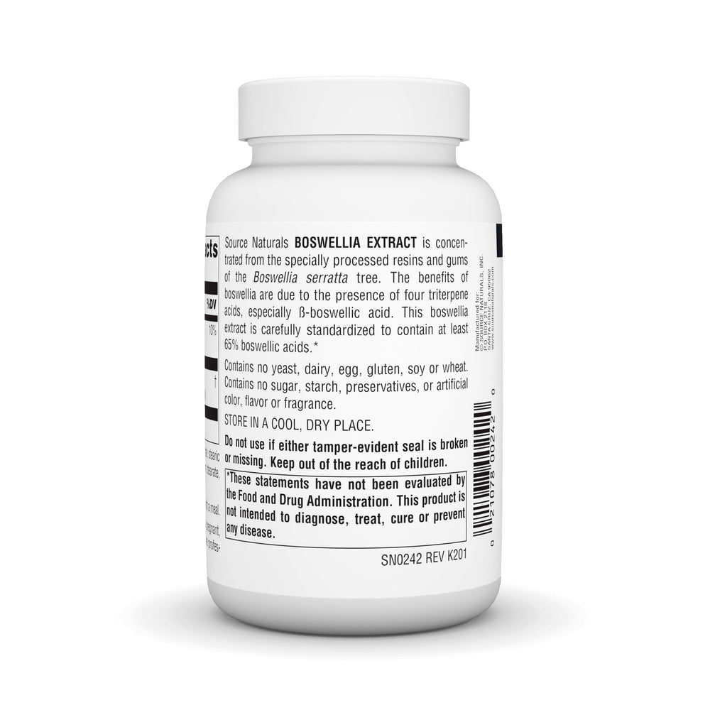 Source Naturals Boswellia Extract label closeup emphasizes 65% boswellic acids.