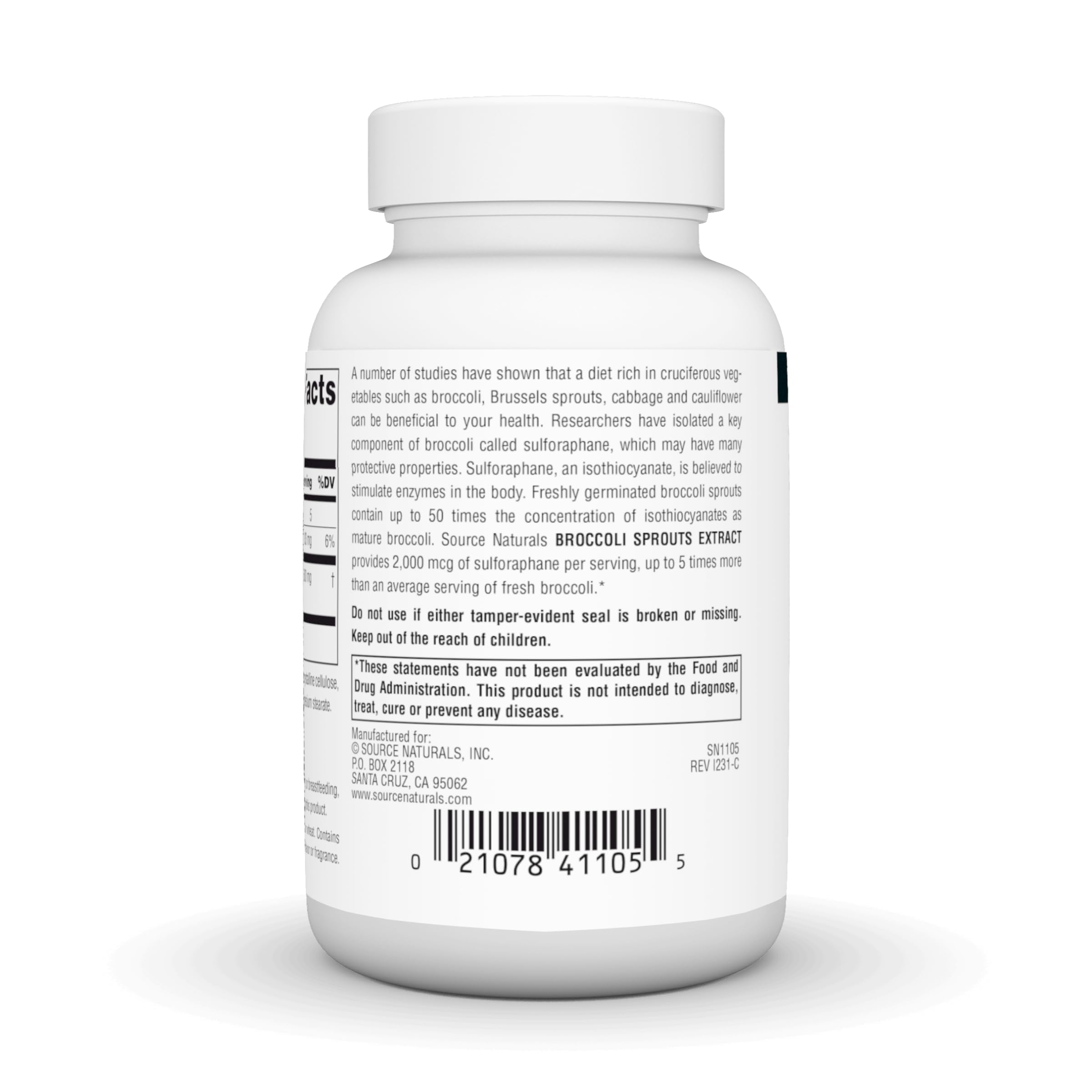 Closeup of Source Naturals broccoli sprouts extract label highlighting potency