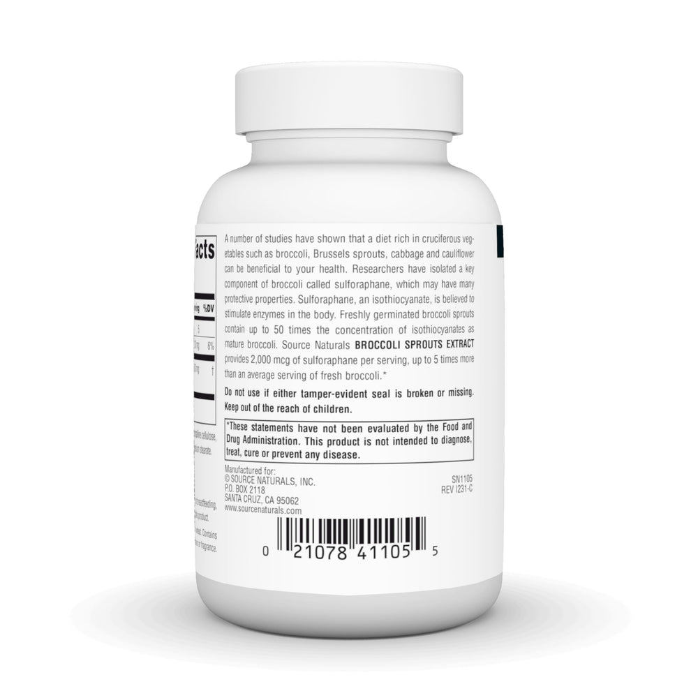 Closeup of Source Naturals broccoli sprouts extract label highlighting potency