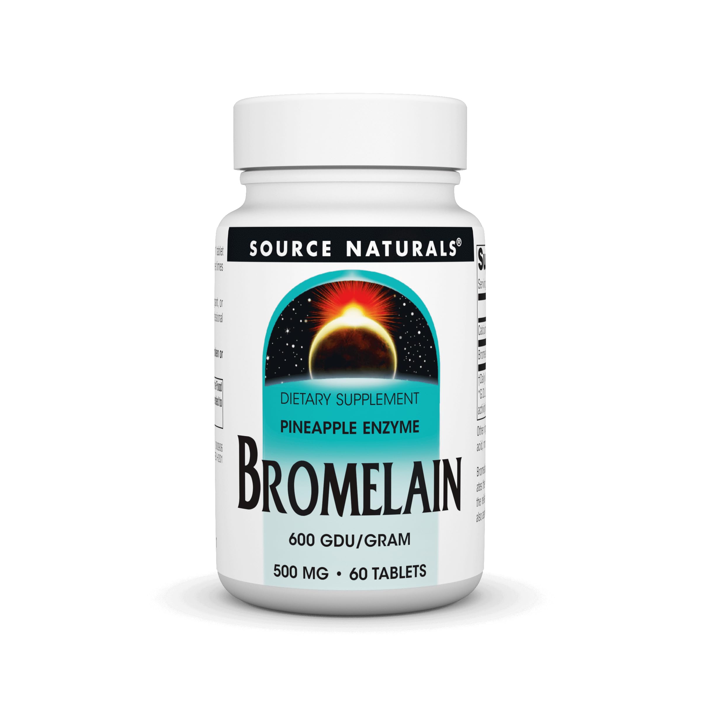Source Naturals Bromelain 500mg bottle, highlighting convenient proteolytic enzyme supplement.