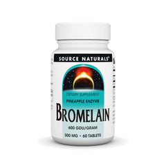 Source Naturals Bromelain 500mg bottle, highlighting convenient proteolytic enzyme supplement.
