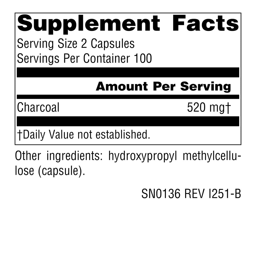 Source Naturals Charcoal capsules in pack for easy daily digestive aid.