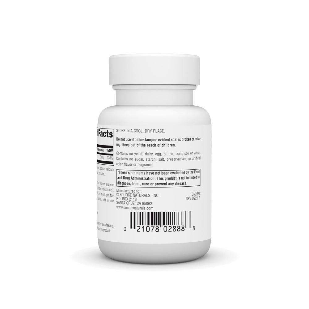 Source Naturals Copper label close-up showing 3 mg copper