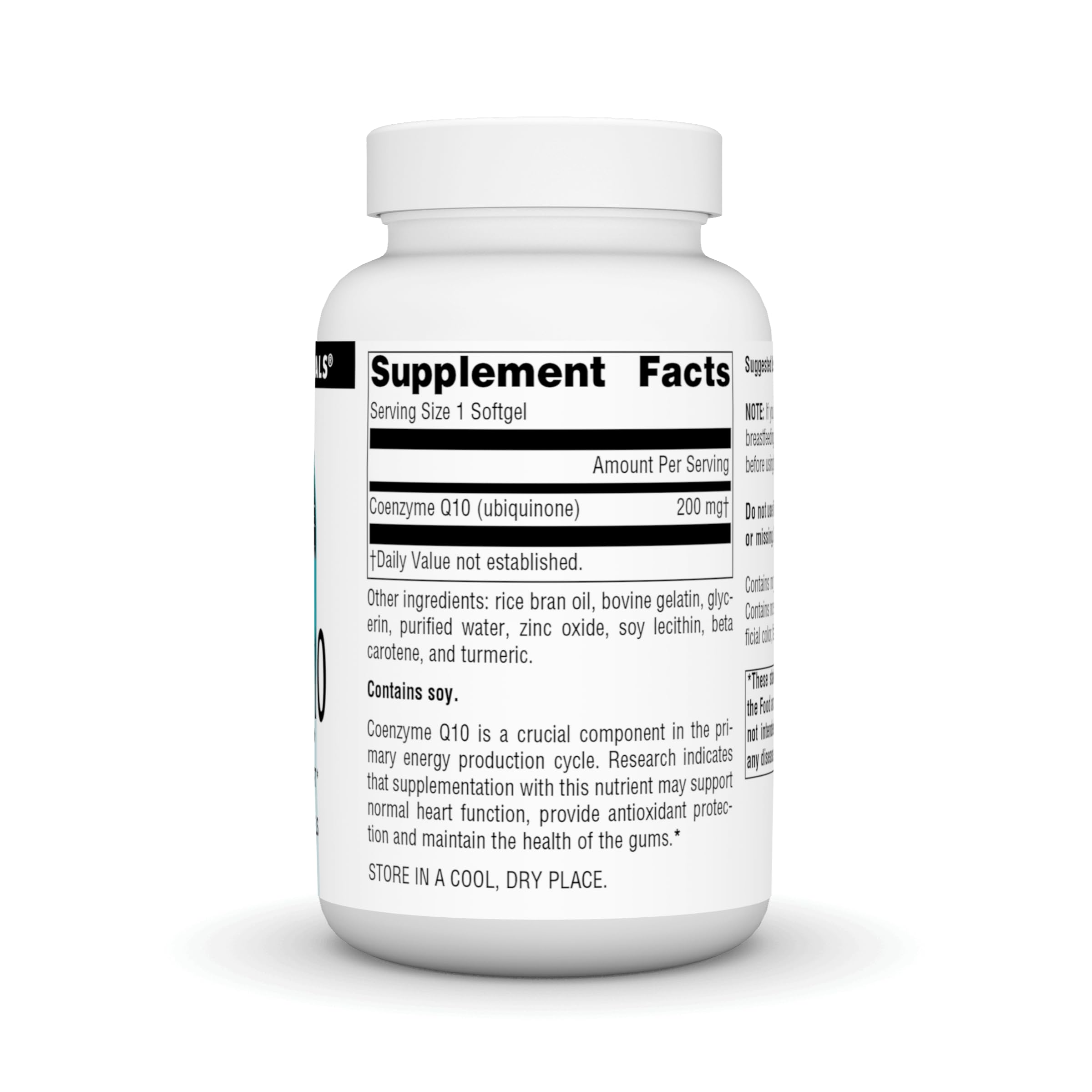 Source Naturals CoQ10 softgels capsules spilling from bottle for daily energy.