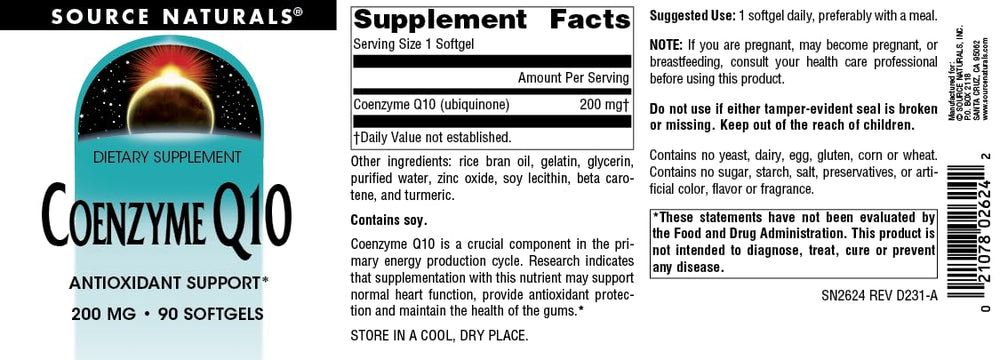 Source Naturals CoQ10 softgels on neutral background for energy support.