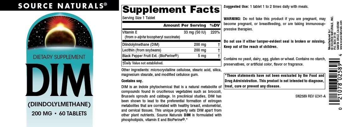 Source Naturals DIM 200mg bottle back listing ingredients and allergens