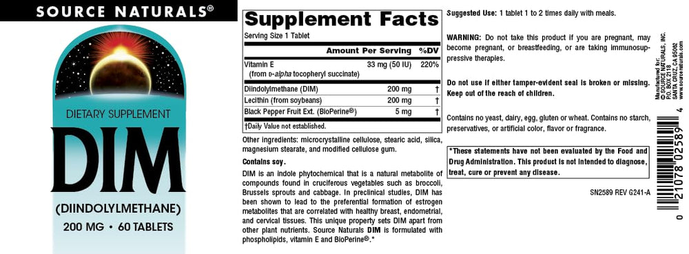 Source Naturals DIM 200mg bottle back listing ingredients and allergens