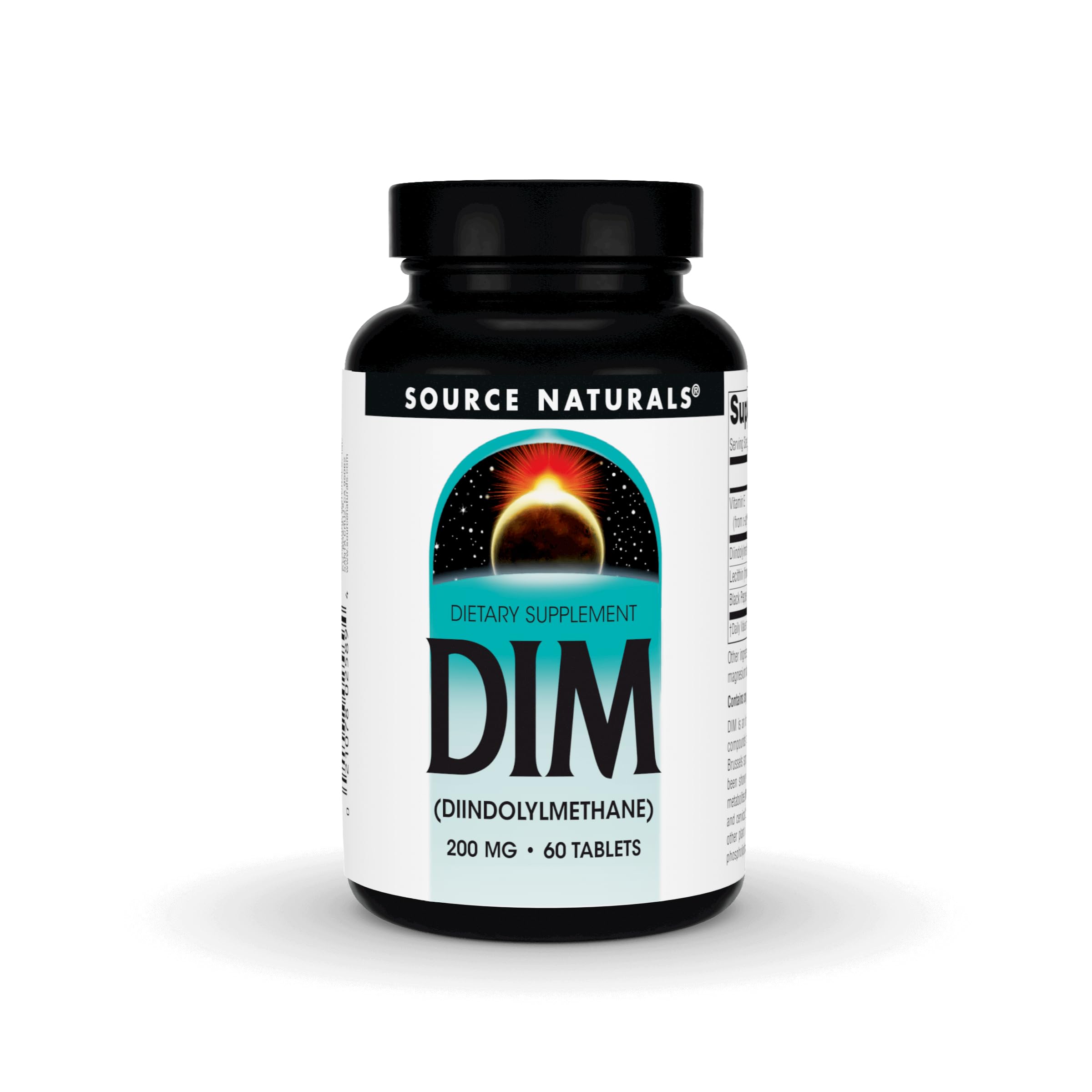 Source Naturals DIM 200mg bottle label highlighting vegetarian-friendly supplement