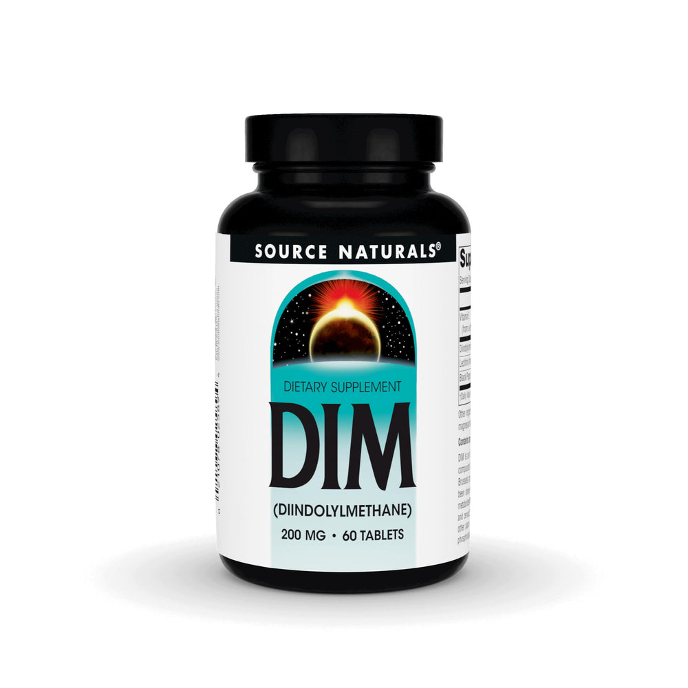 Source Naturals DIM 200mg bottle label highlighting vegetarian-friendly supplement