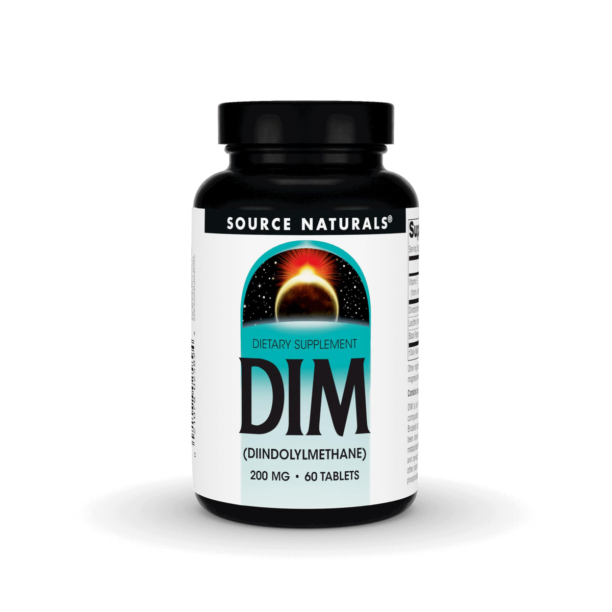 Source Naturals DIM 200mg bottle label highlighting vegetarian-friendly supplement