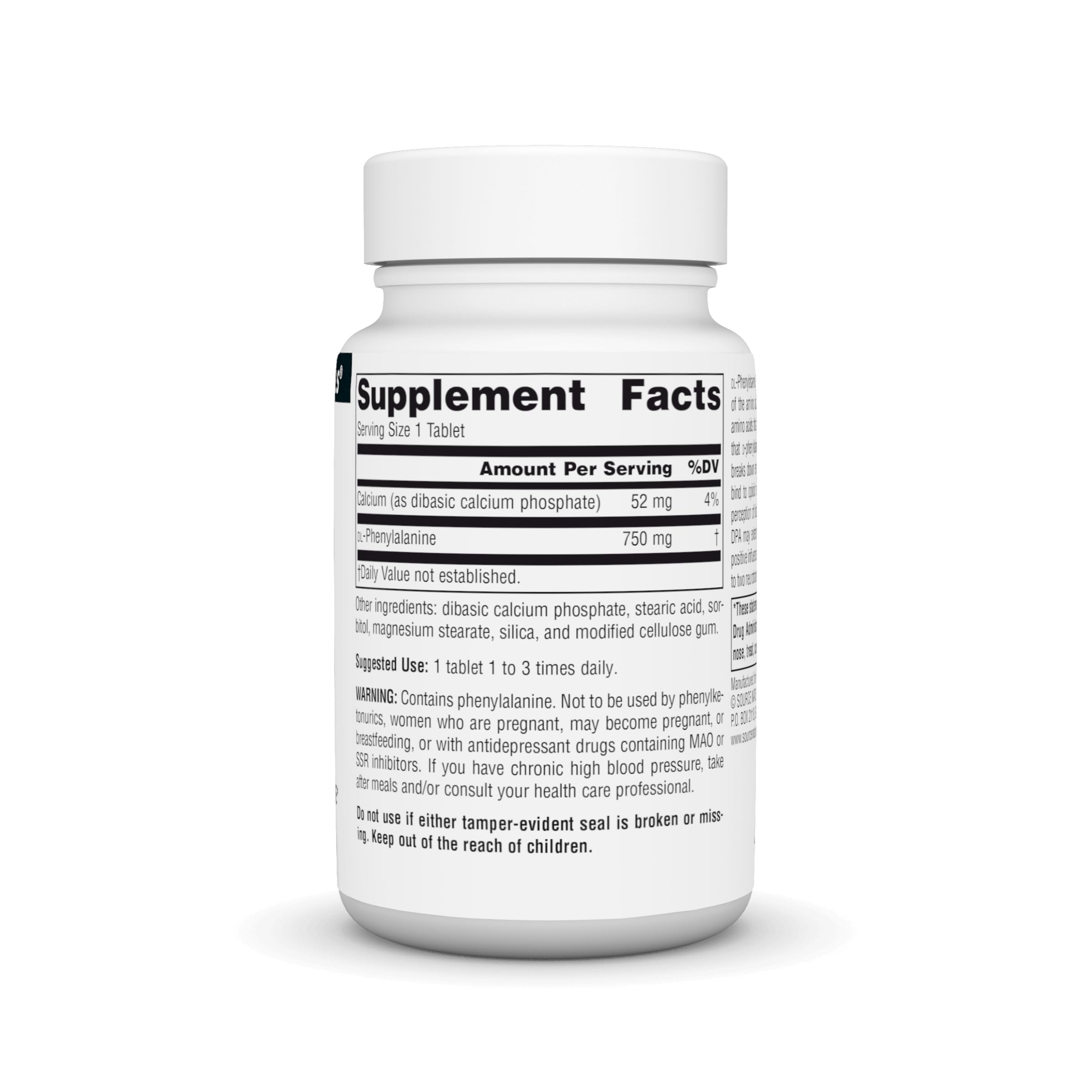 Source Naturals DLPA: frasco con tabletas de 750 mg para uso diario.