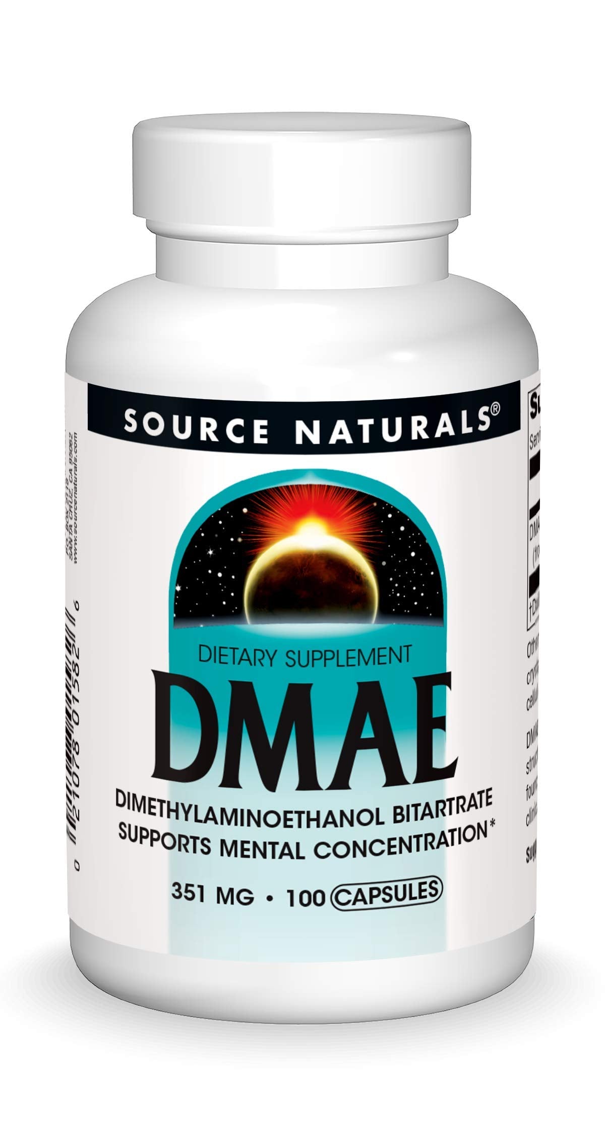 Source Naturals DMAE capsules in bottle front view for mental focus support.